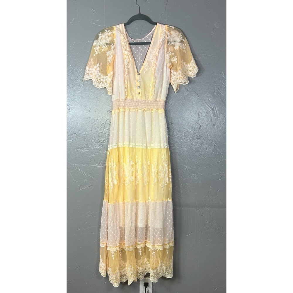 Yellow Pink Maxi Dress Polka Dots Floral Lace Smocked Waist Flutter Sleeve Small